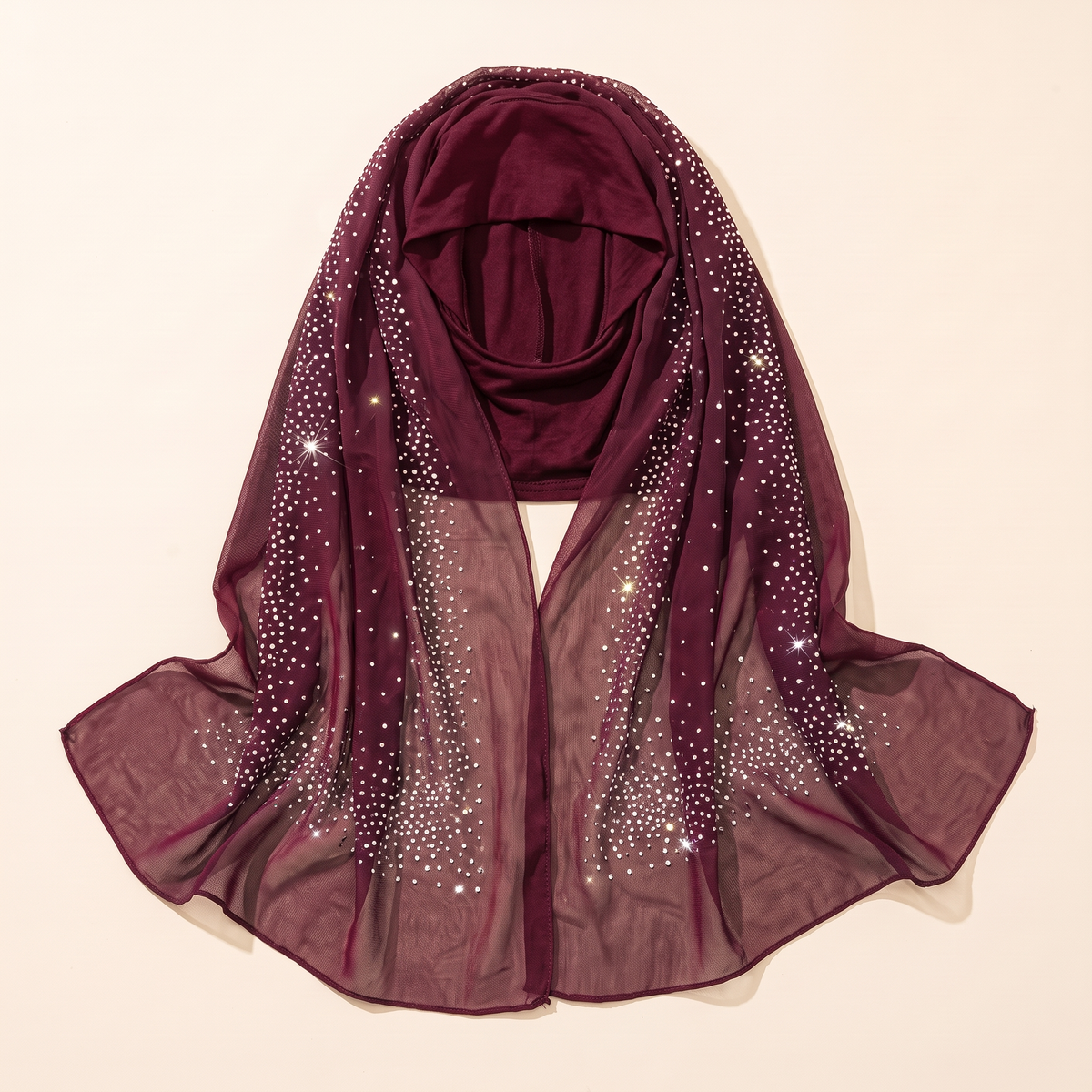 Glittered Mesh Two-Layer Instant Hijab – Burgundy