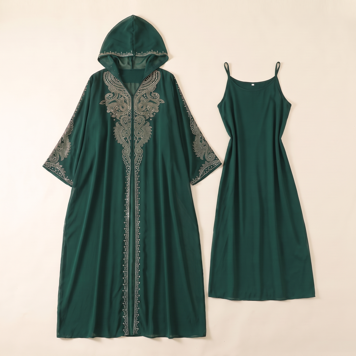 Hooded Two-Piece Abaya Set – Green