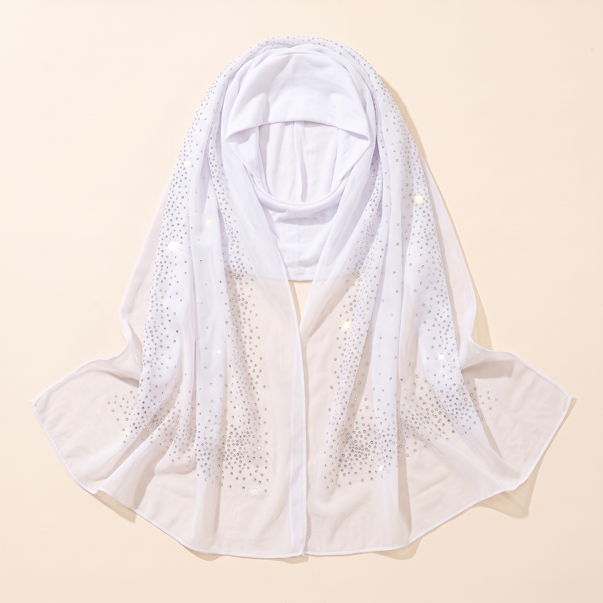 Glittered Mesh Two-Layer Instant Hijab – White