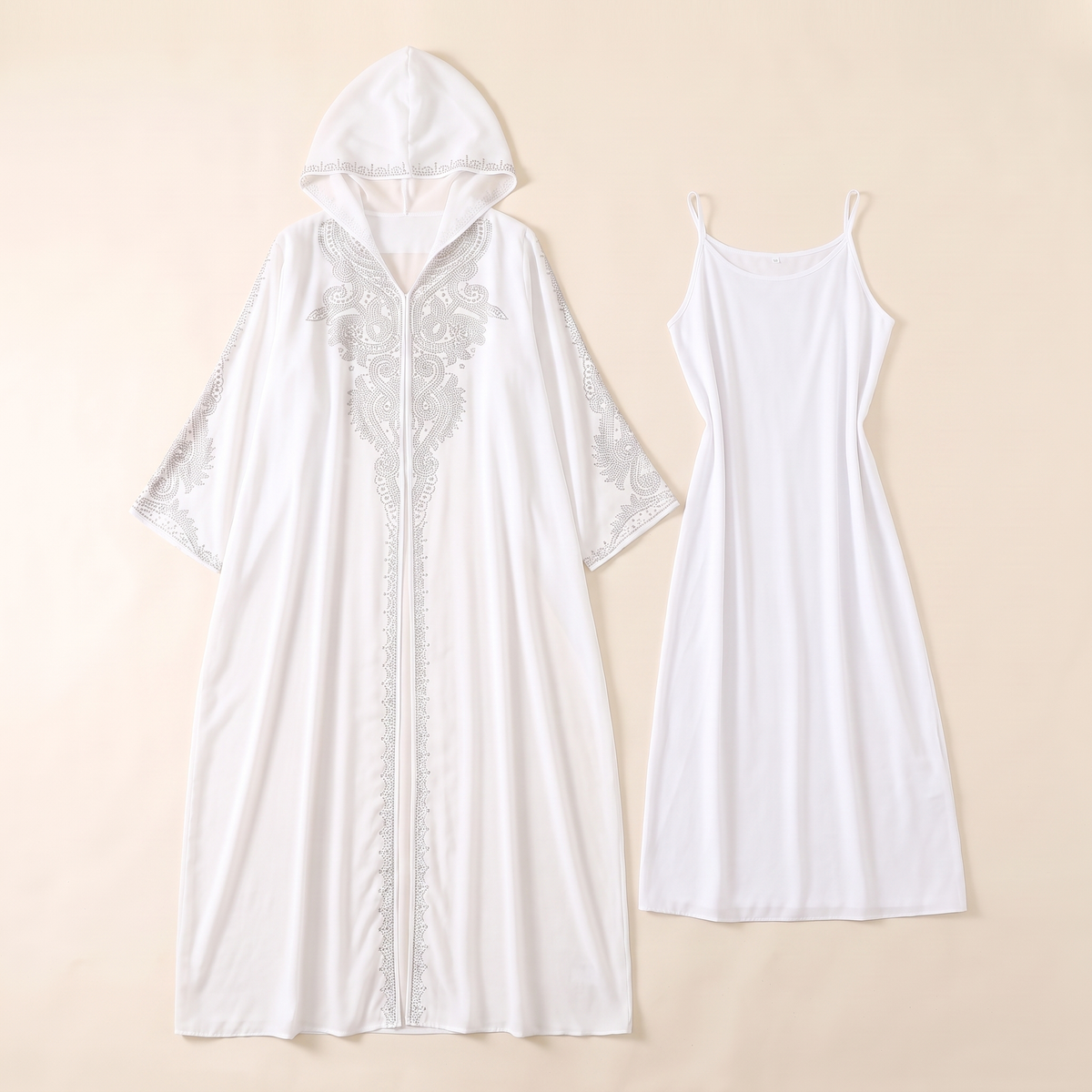 Hooded Two-Piece Abaya Set – White