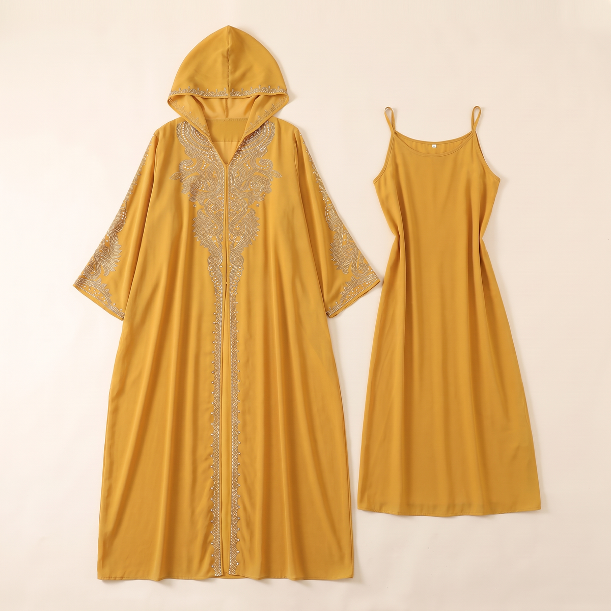 Hooded Two-Piece Abaya Set – Yellow