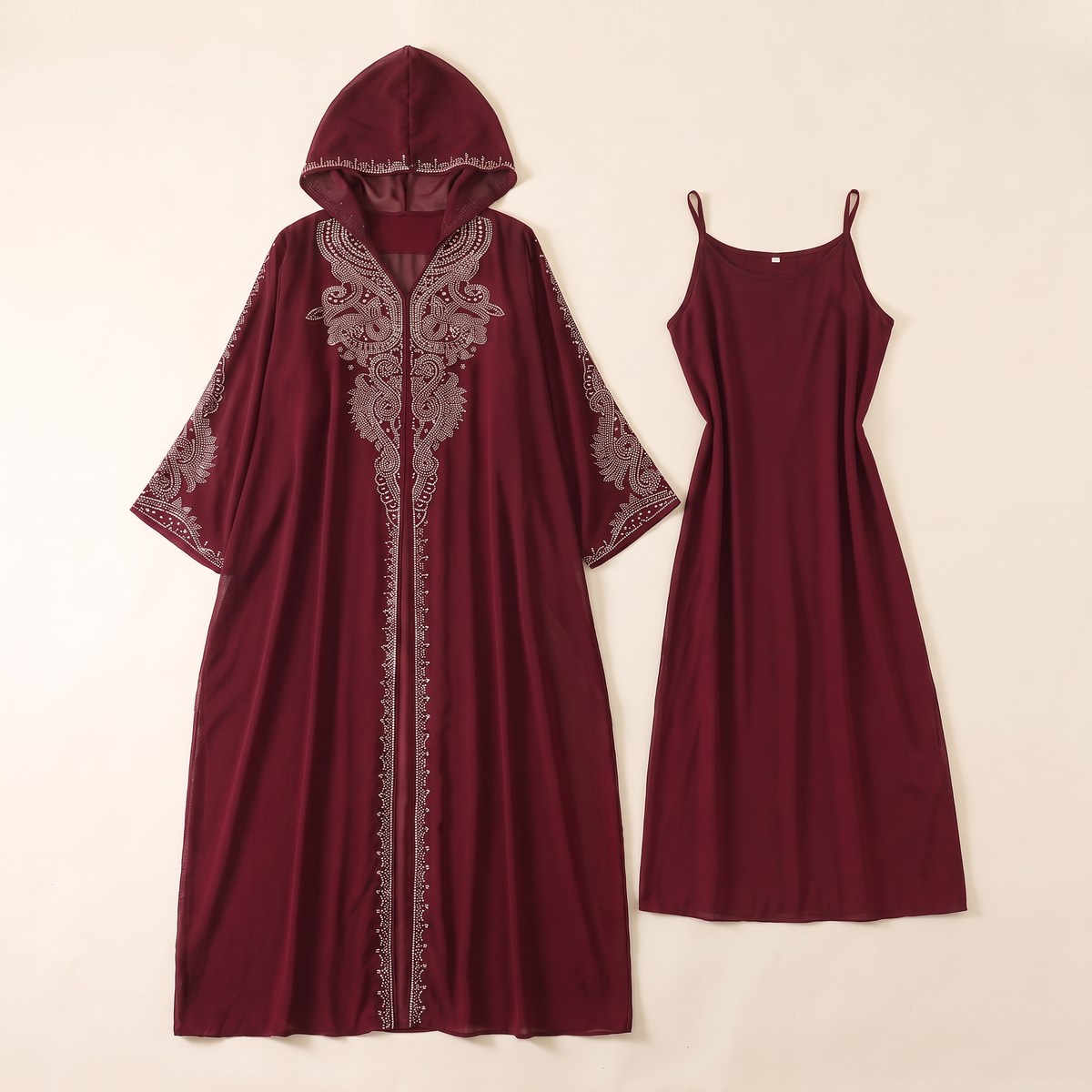 Hooded Two-Piece Abaya Set – Wine Red