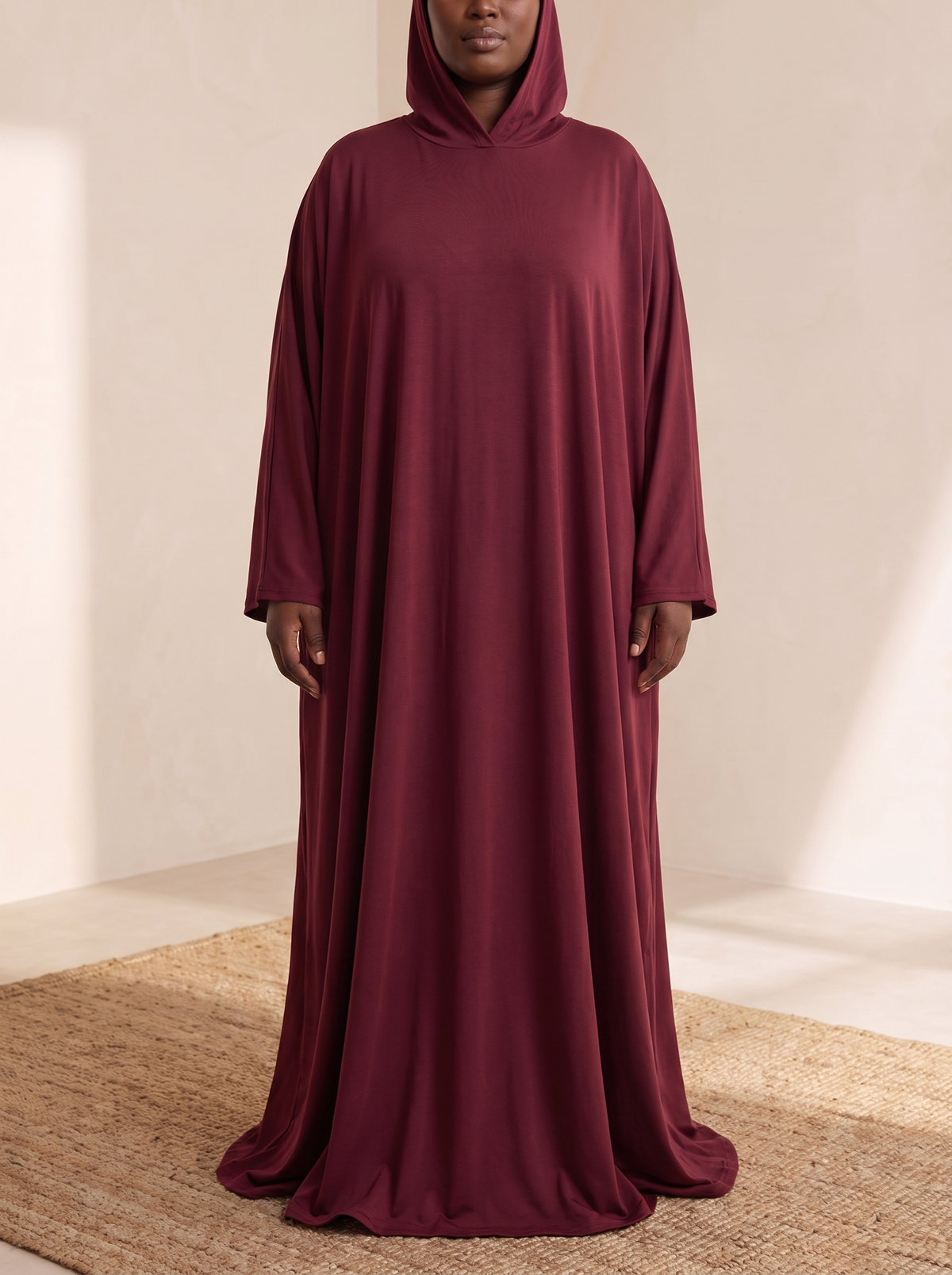Hooded One-Piece Prayer Dress – Wine Red, on model