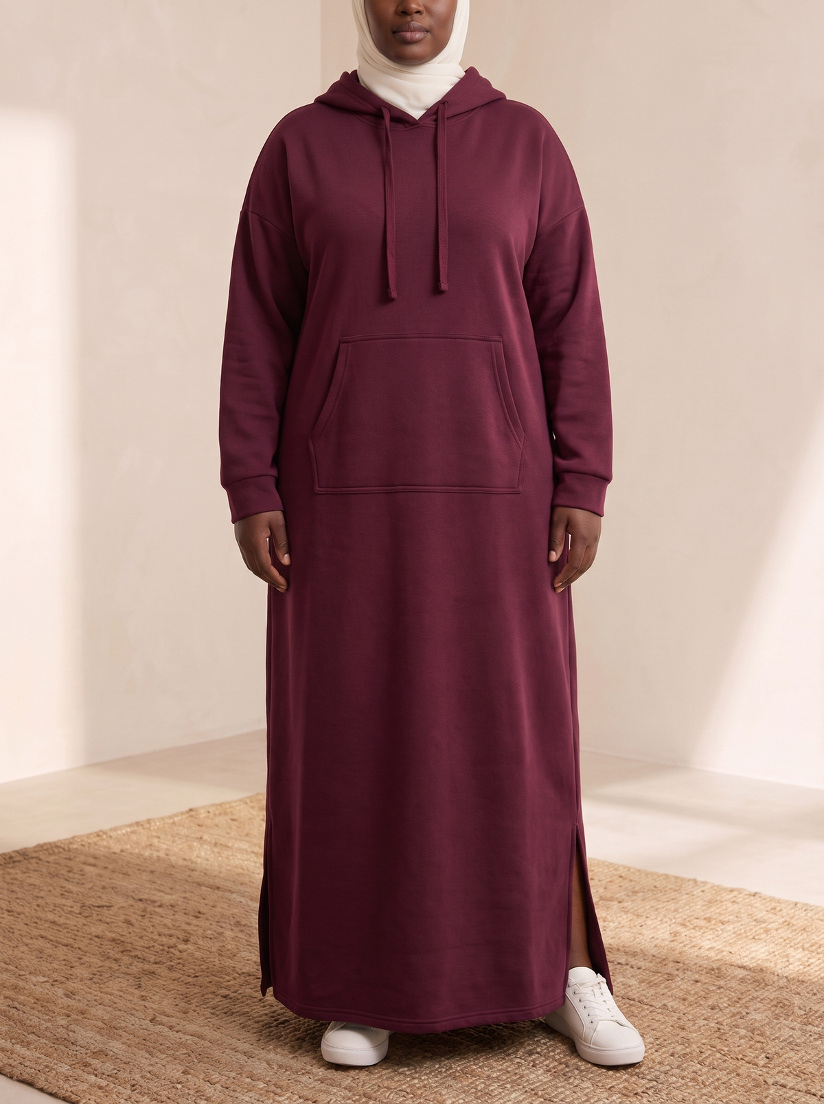 Hooded Jogging Maxi Dress – Burgundy, on model