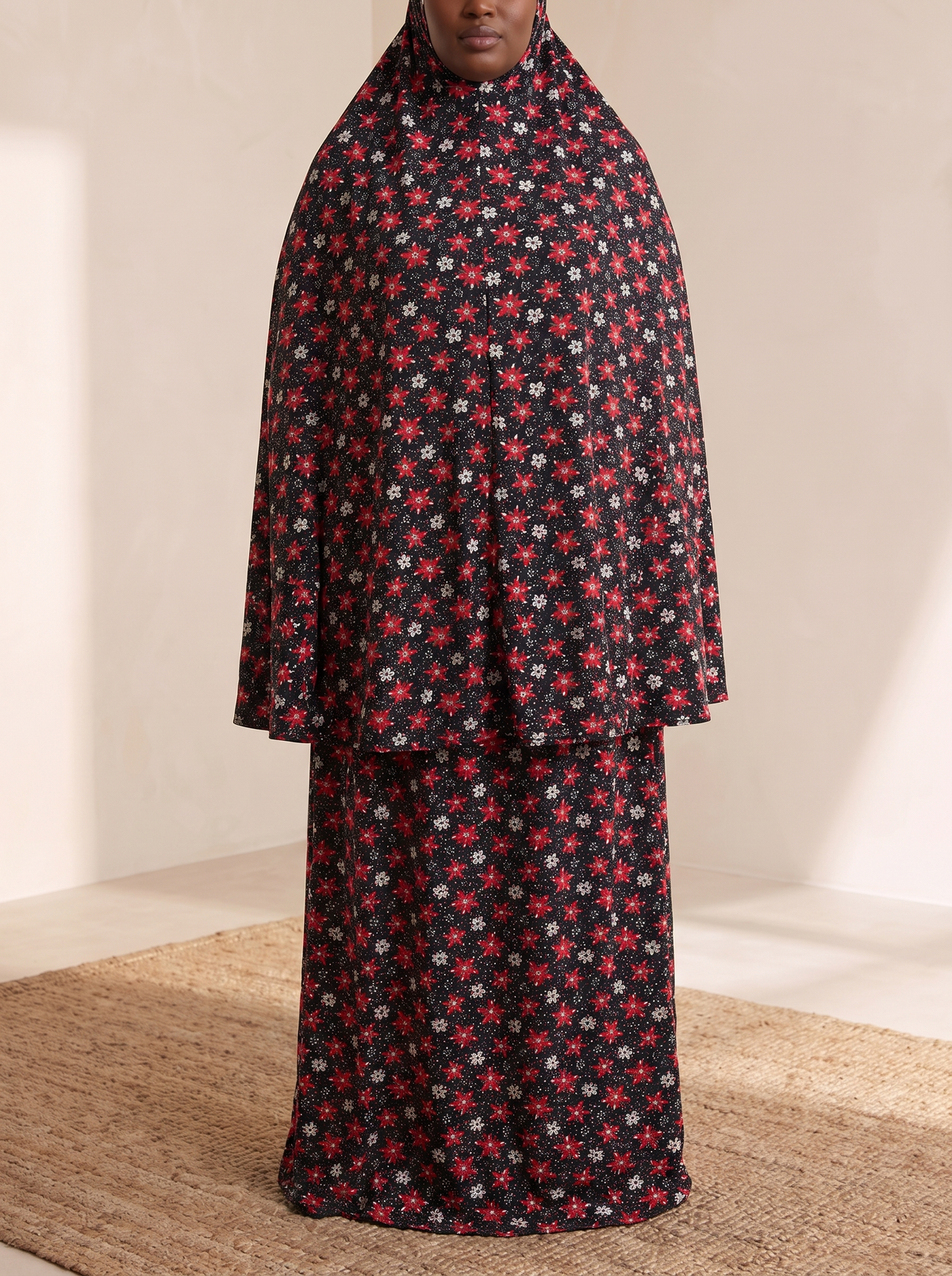 Floral Two-Piece Khimar Prayer Set – Black Ditsy Floral, on model