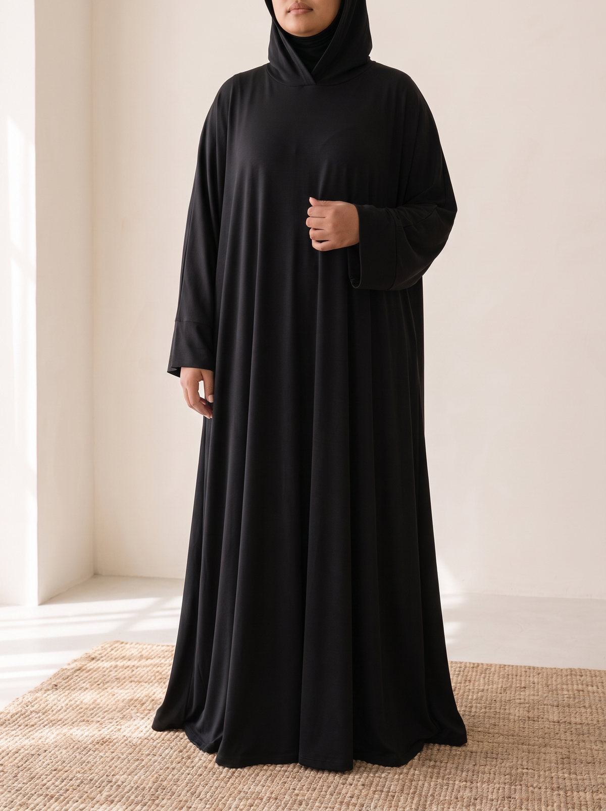Hooded One-Piece Prayer Dress – Black, on model