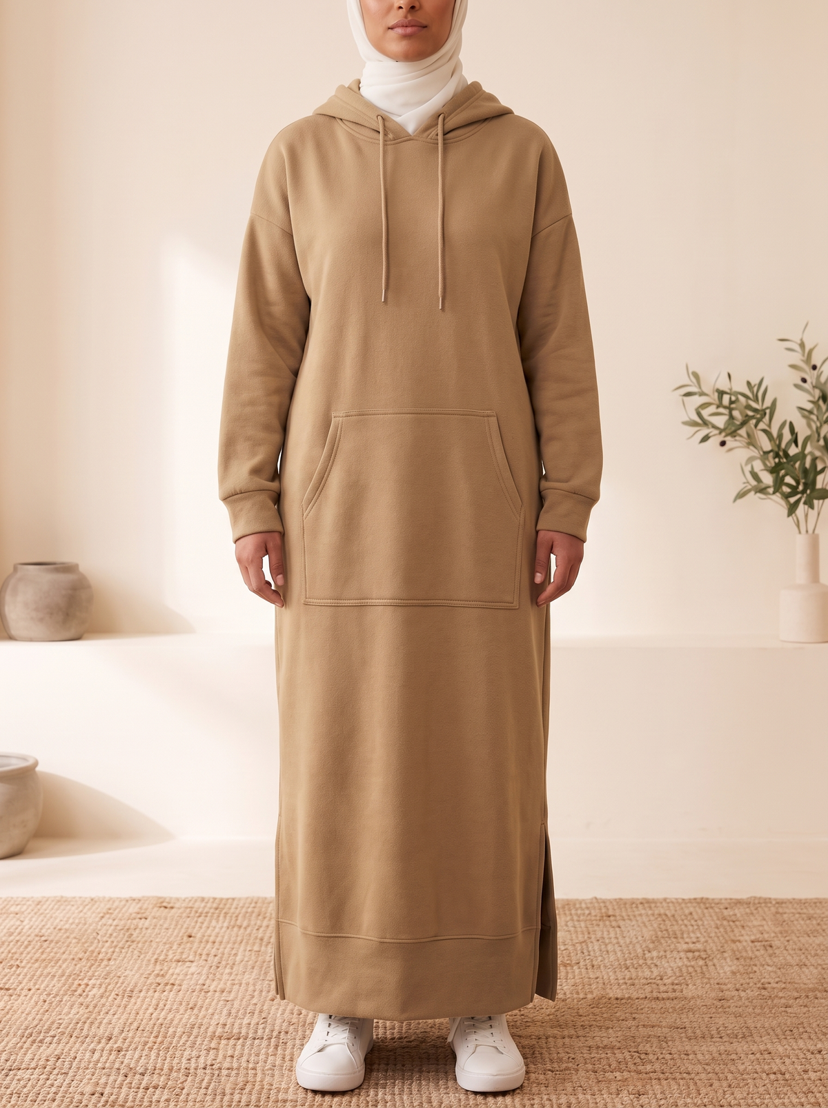 Hooded Jogging Maxi Dress – Khaki, on model