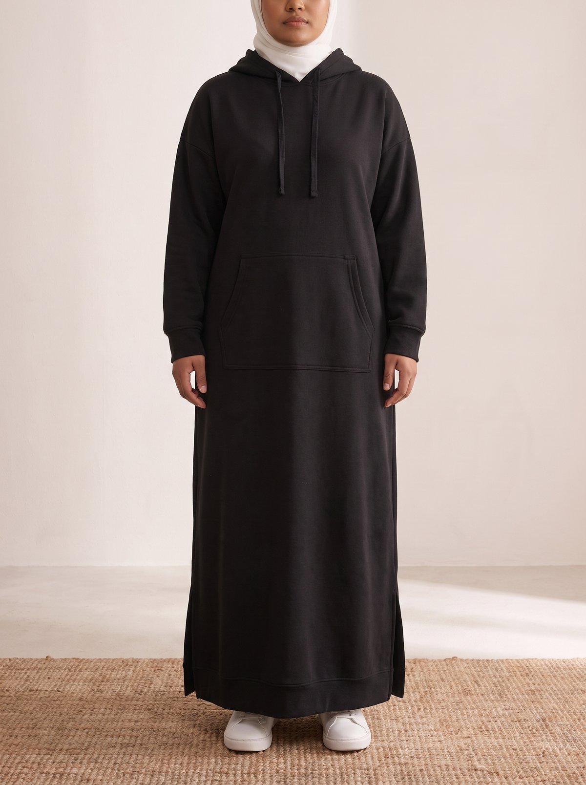 Hooded Jogging Maxi Dress – Black, on model