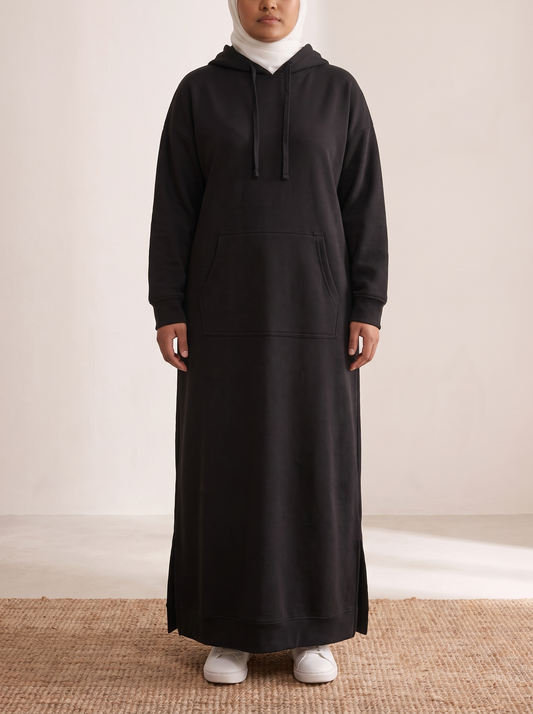 Hooded Jogging Maxi Dress – Black, on model