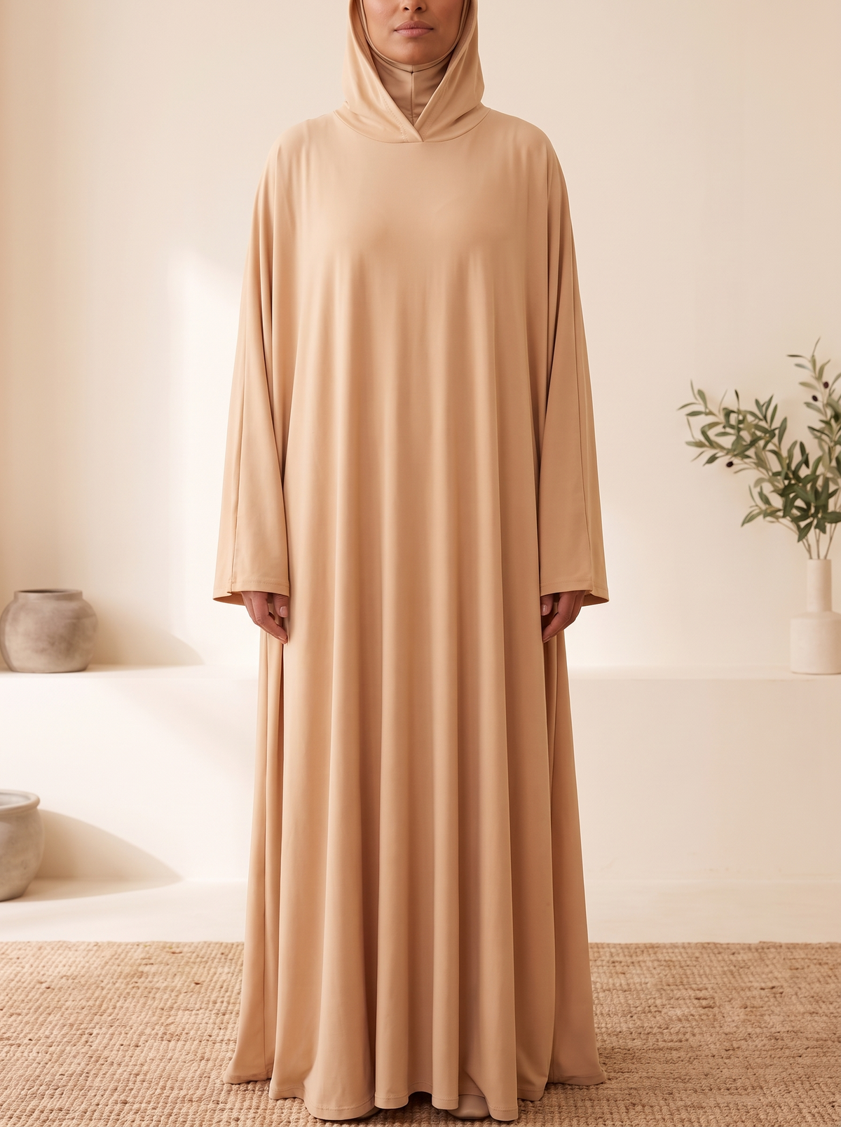 Hooded One-Piece Prayer Dress – Apricot, on model