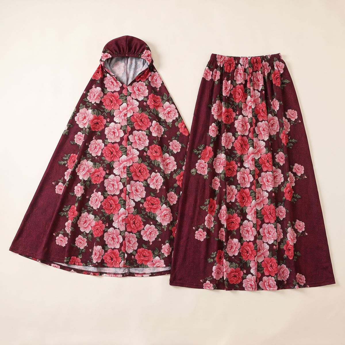 Floral Two-Piece Khimar Prayer Set – Red Rose