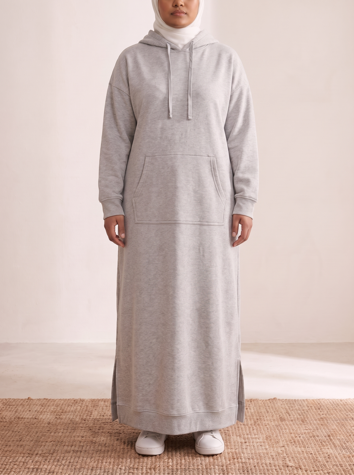 Hooded Jogging Maxi Dress – Light Grey, on model
