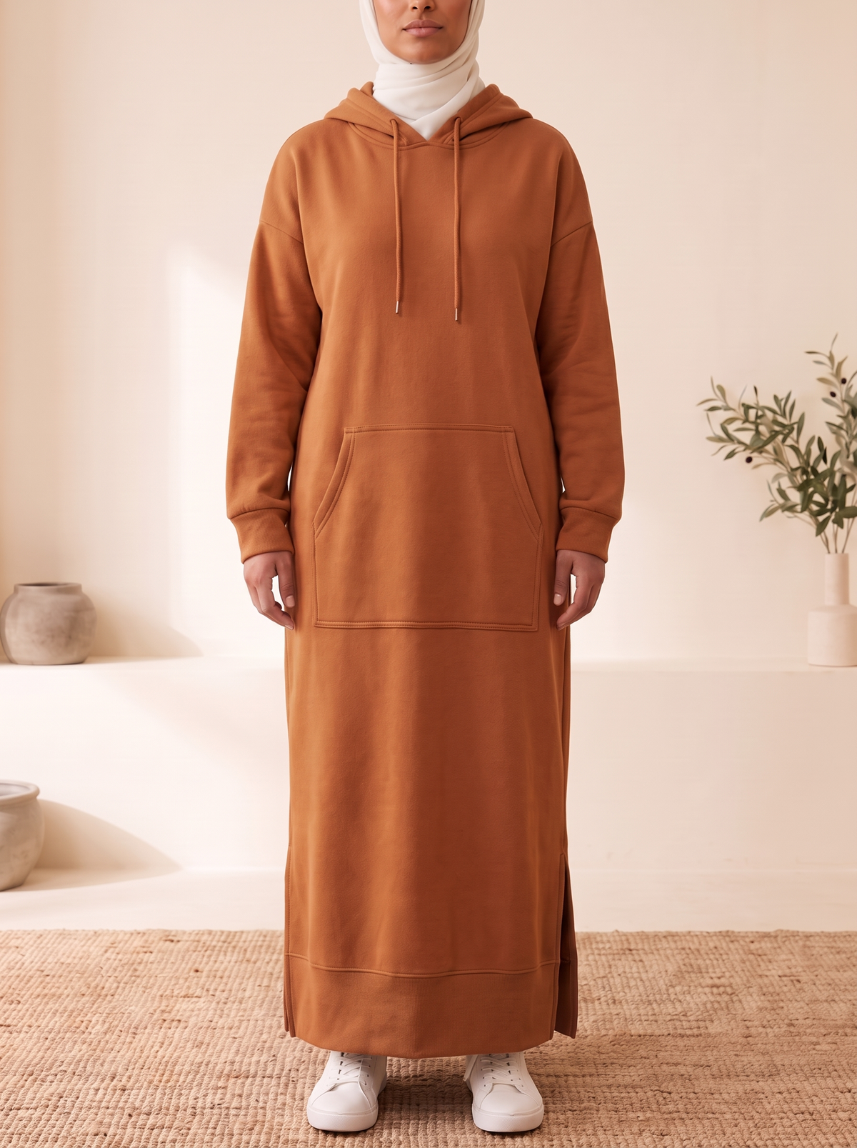Hooded Jogging Maxi Dress – Burnt Orange, on model