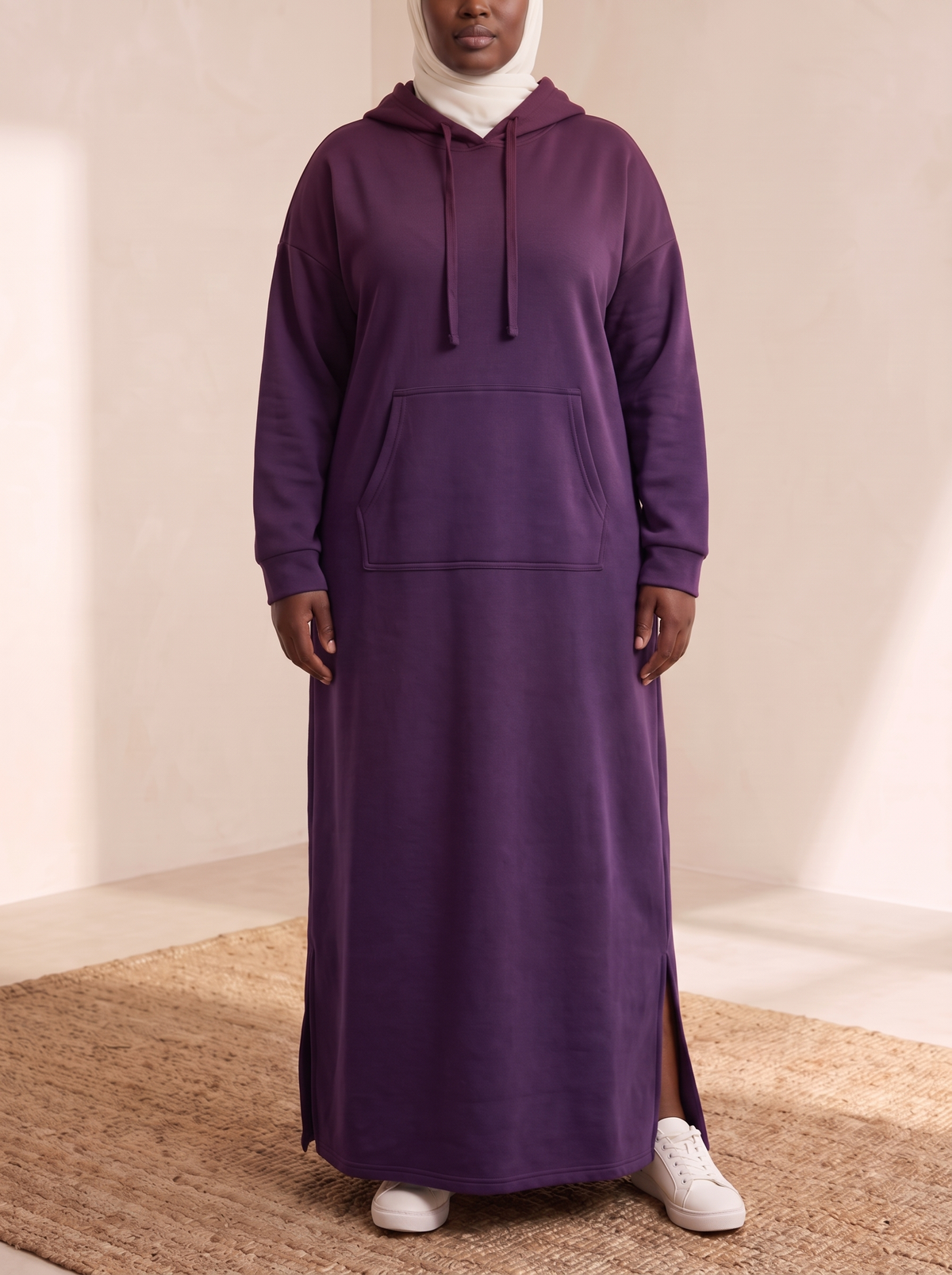 Hooded Jogging Maxi Dress – Purple, on model