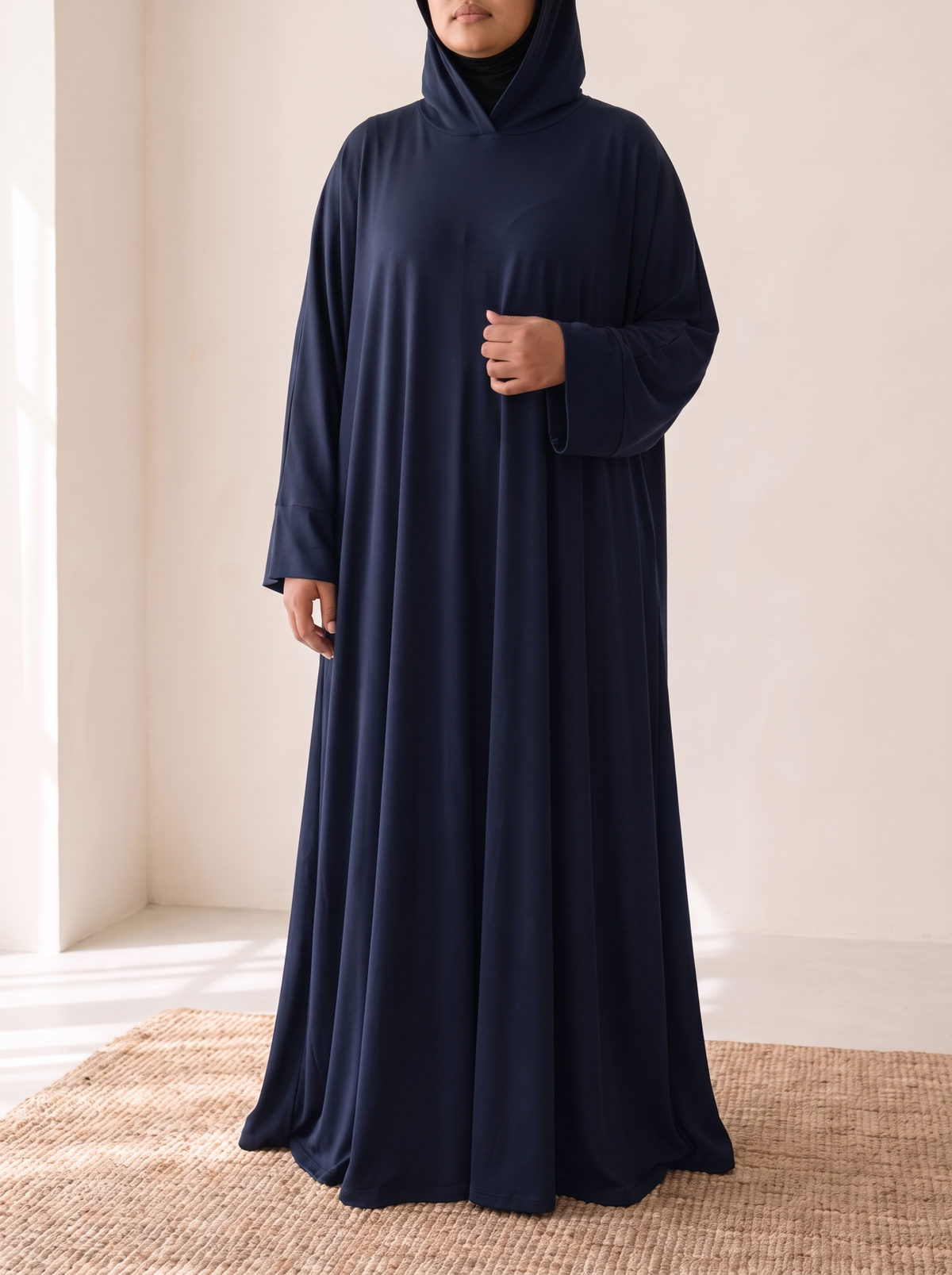 Hooded One-Piece Prayer Dress – Navy, on model