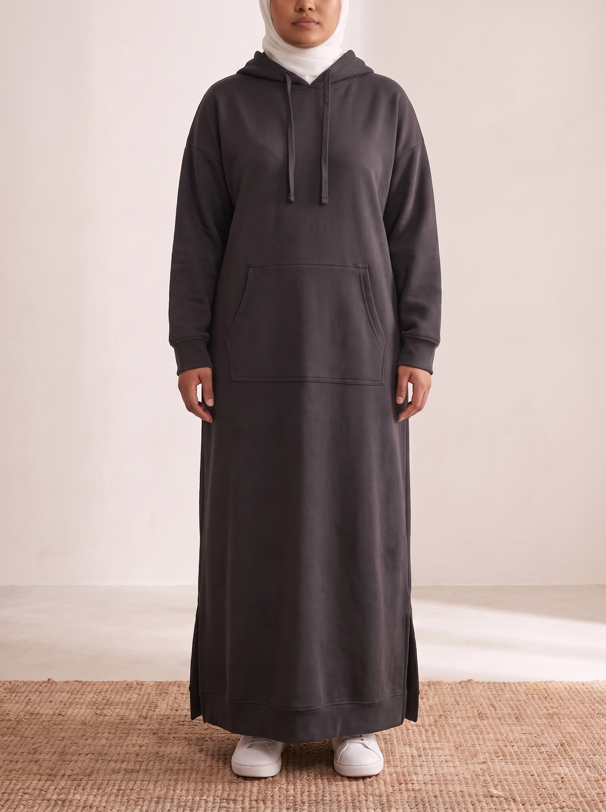 Hooded Jogging Maxi Dress – Charcoal, on model