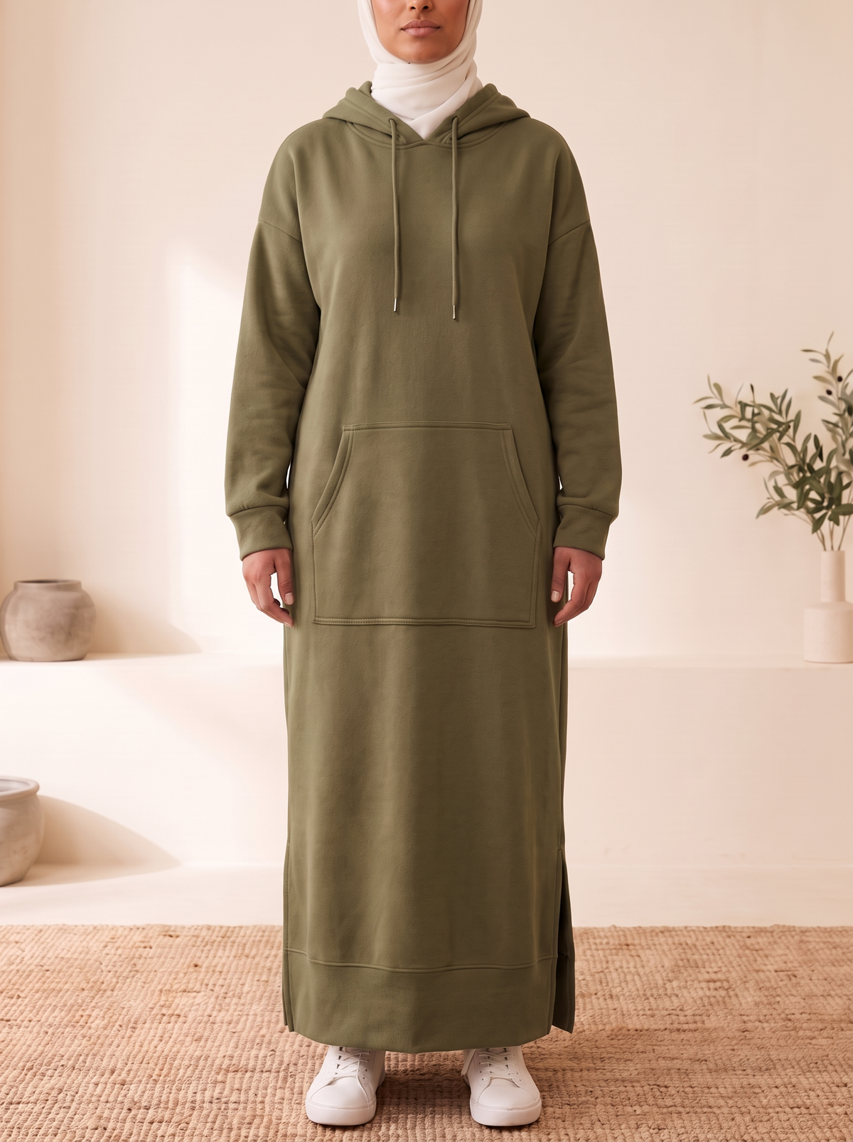 Hooded Jogging Maxi Dress – Army Green, on model