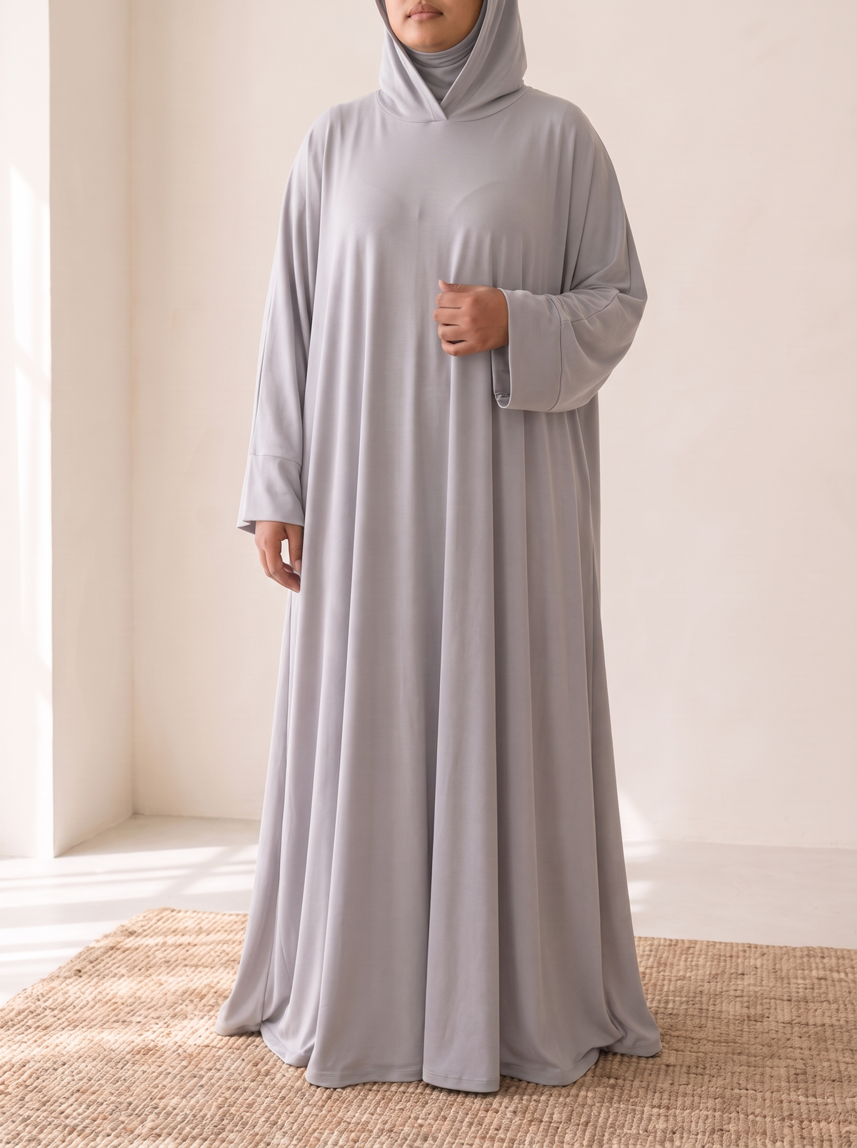Hooded One-Piece Prayer Dress – Light Grey, on model