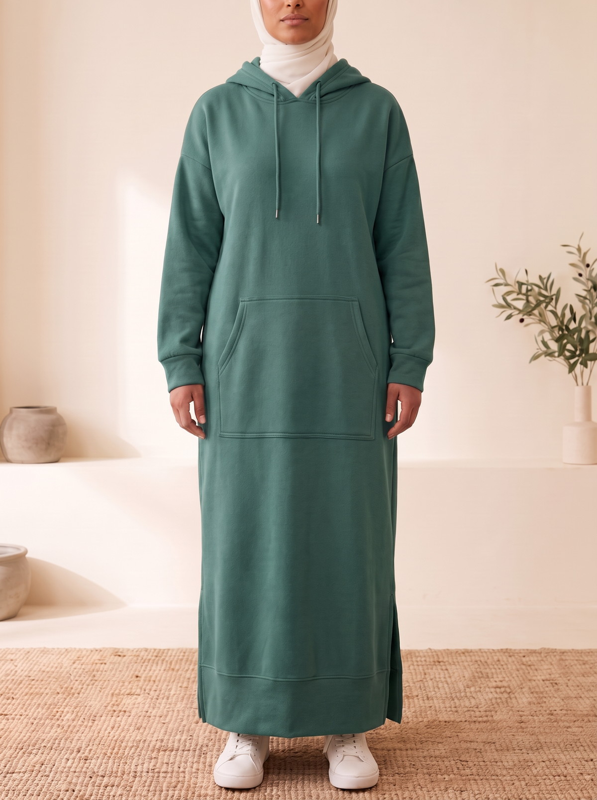 Hooded Jogging Maxi Dress – Teal Green, on model