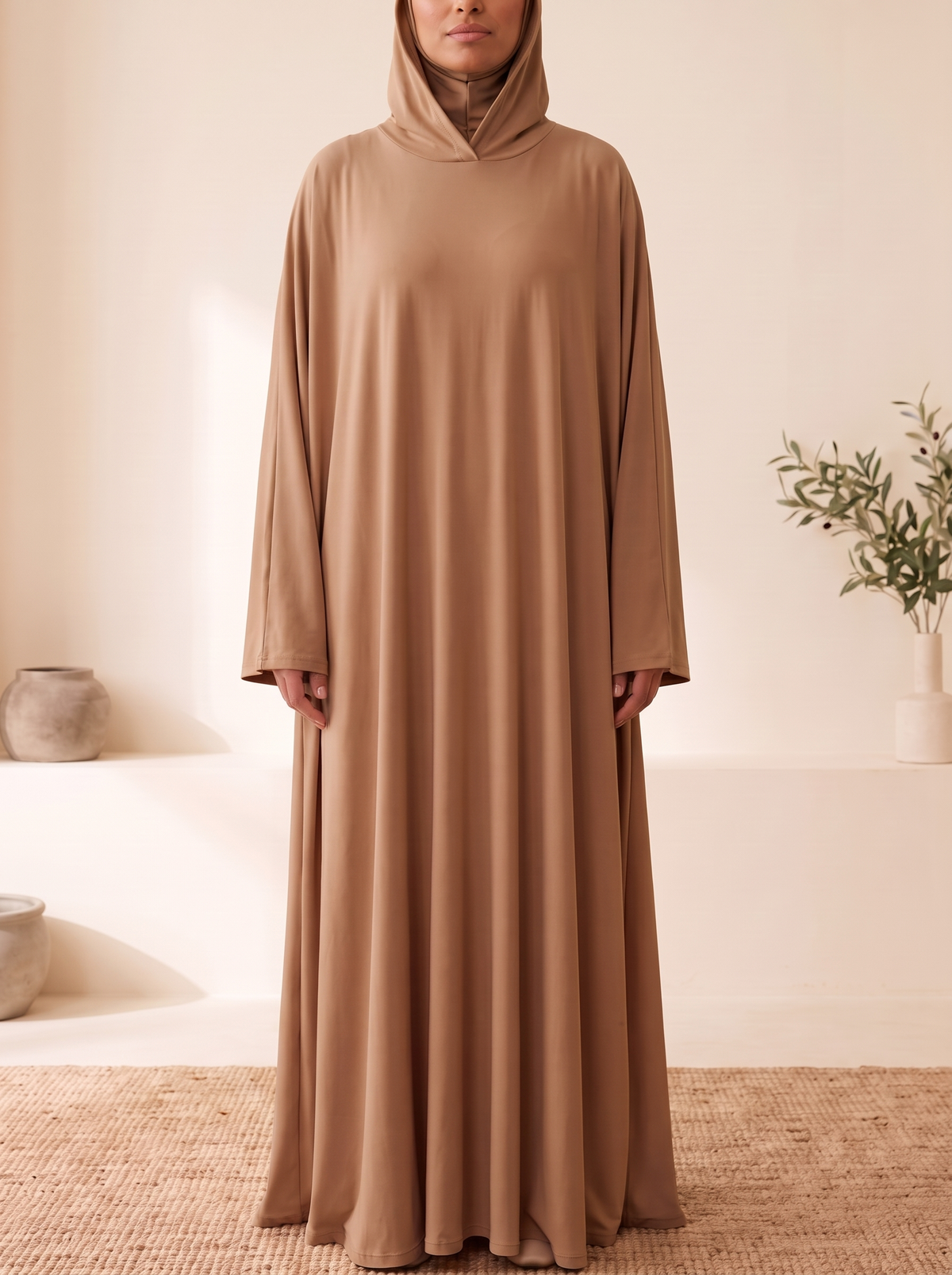 Hooded One-Piece Prayer Dress – Coffee, on model