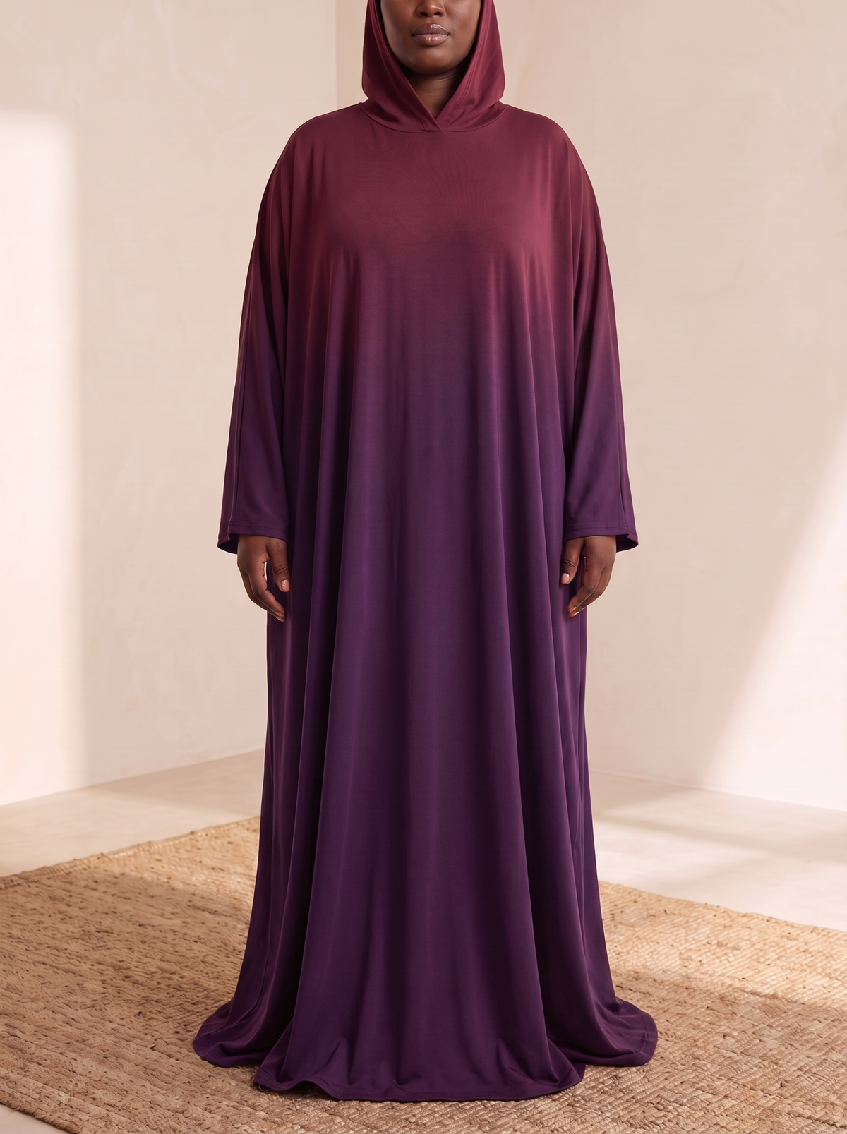 Hooded One-Piece Prayer Dress – Purple, on model