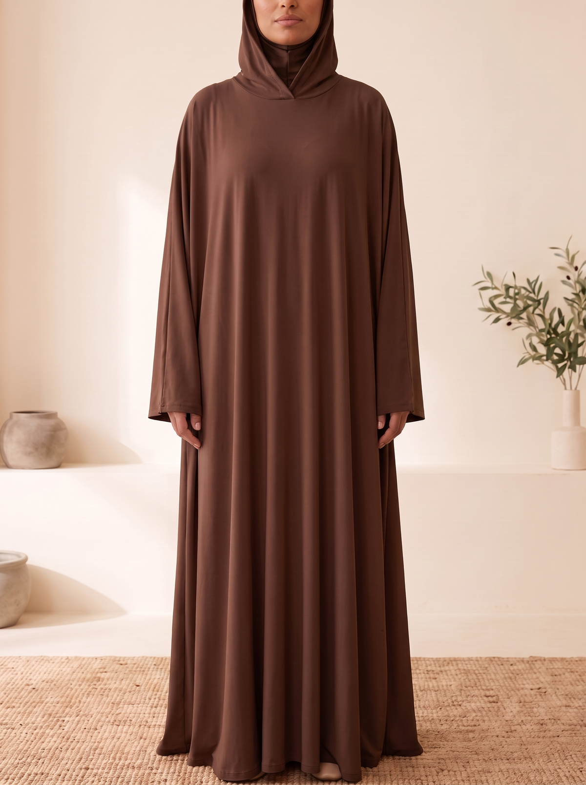 Hooded One-Piece Prayer Dress – Dark Brown, on model