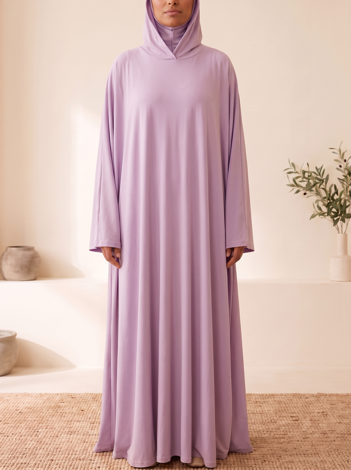 Hooded One-Piece Prayer Dress – Lilac, on model