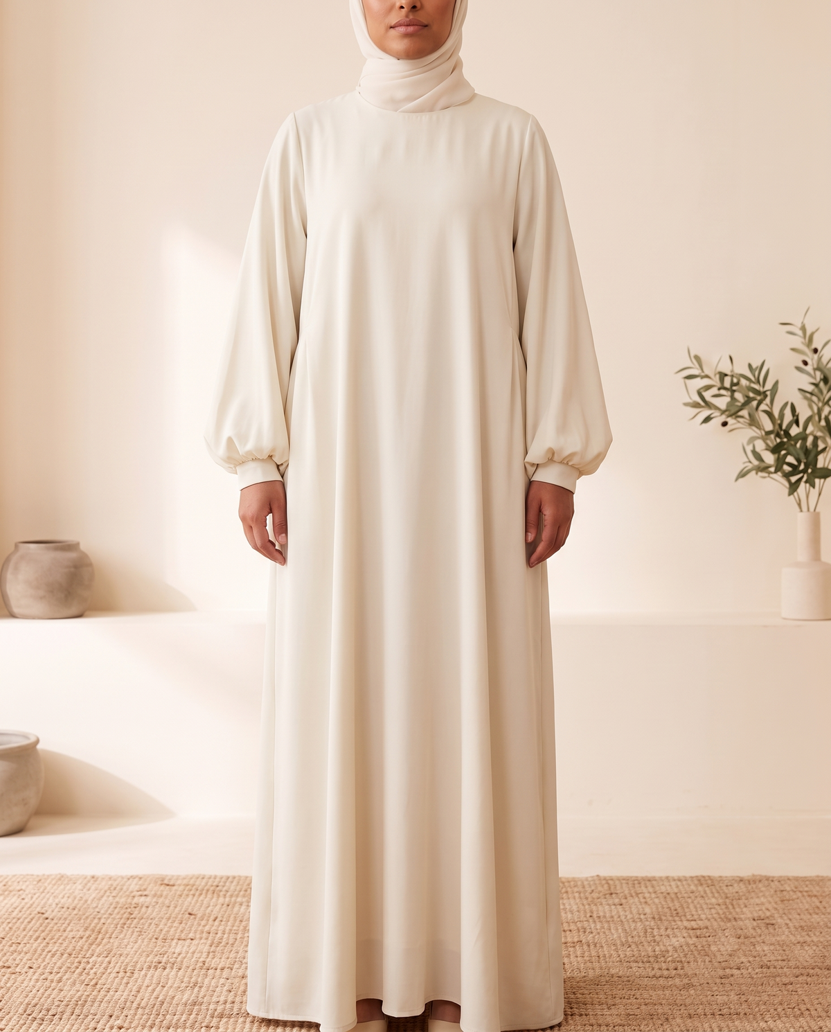 Lantern Sleeve Abaya – Cream, on model