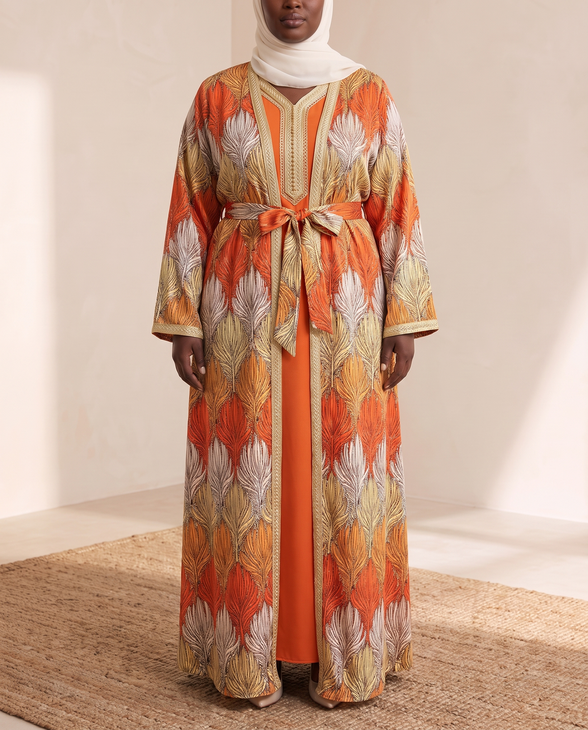 Latifa Embellished Two-Piece Set – Orange, on model 2
