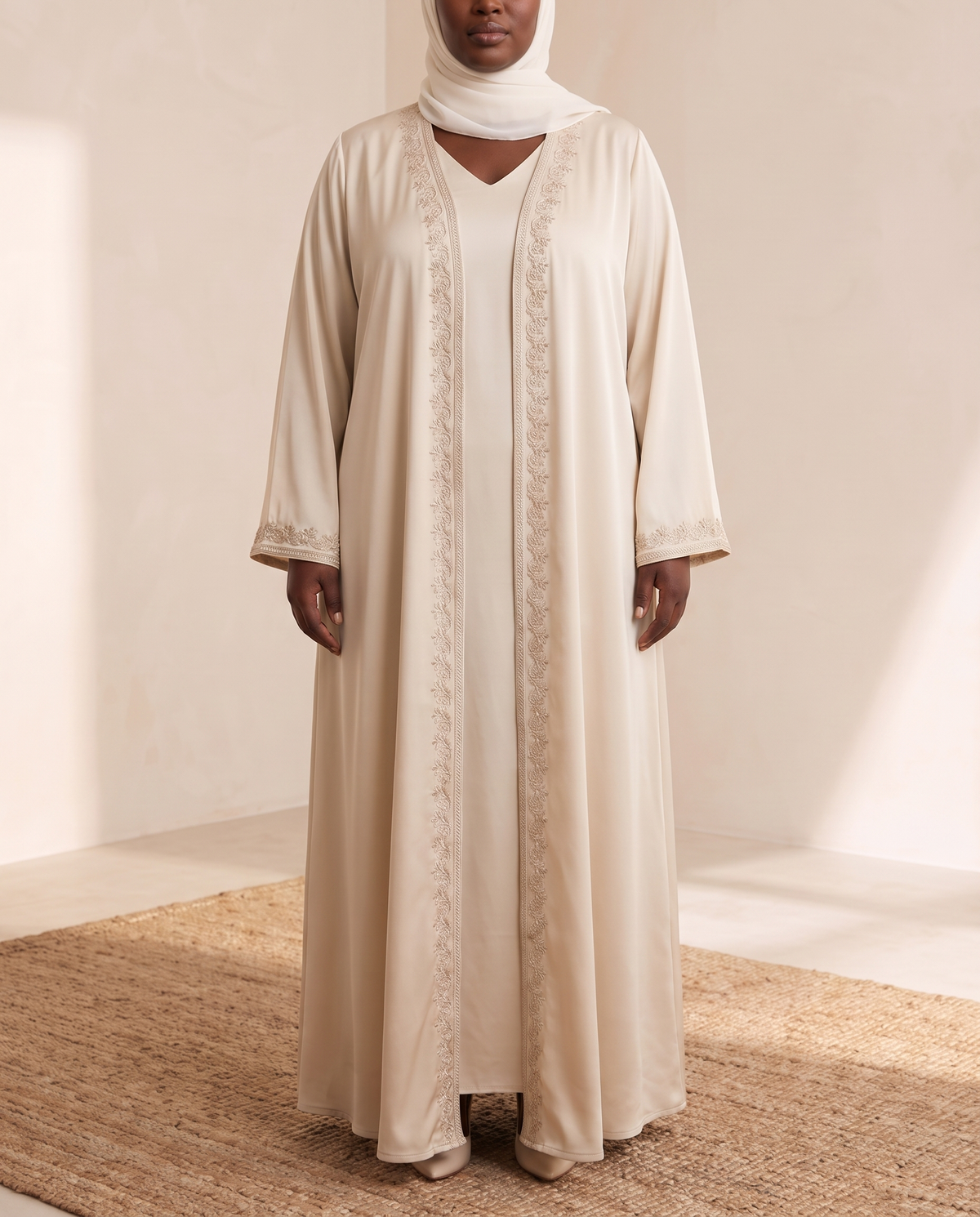 Lantern Sleeve Two-Piece Abaya Set – Cream, on model