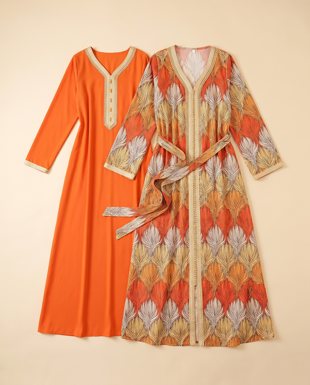Latifa Embellished Two-Piece Set – Orange, kaftan and inner dress