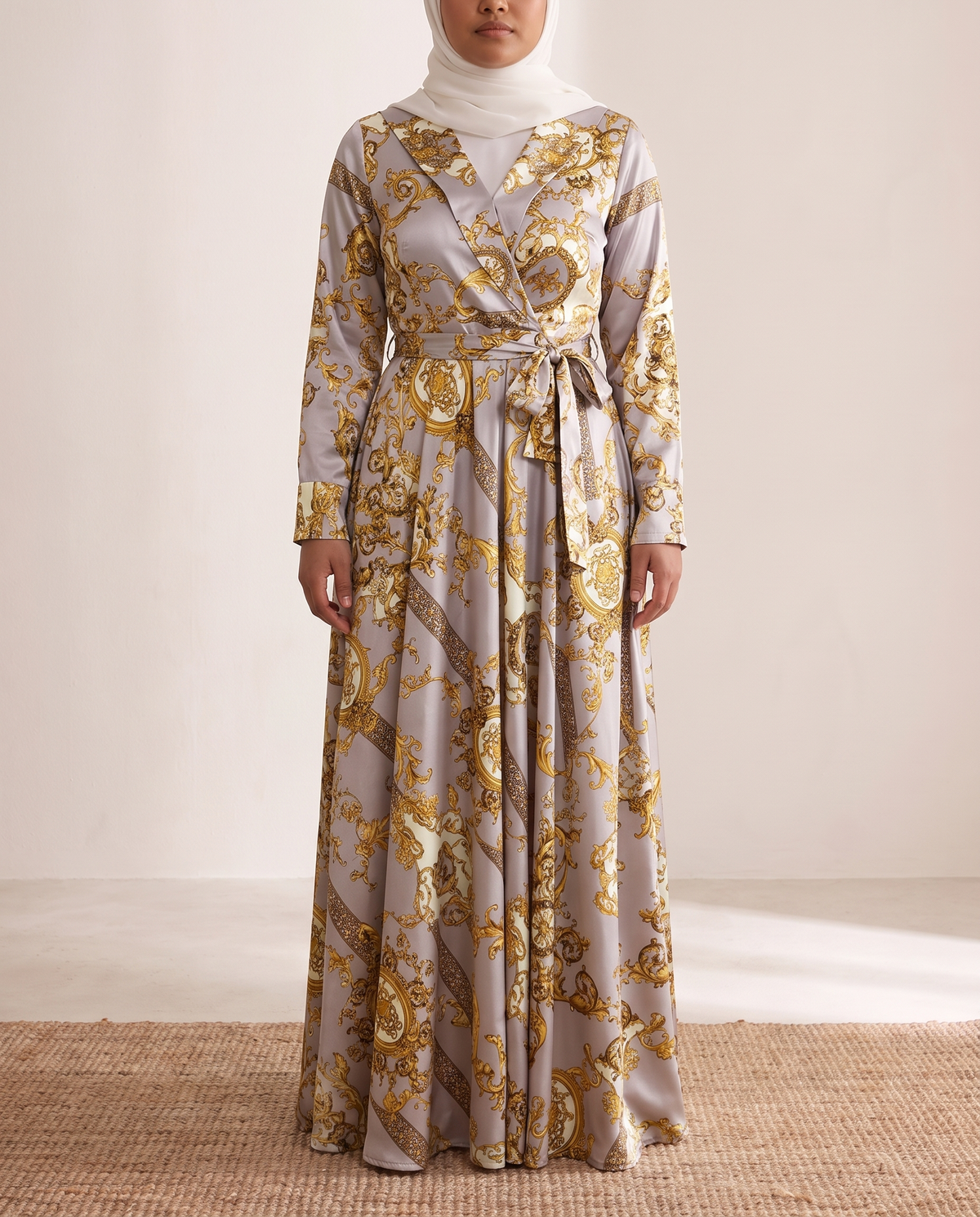 Layla Sash-Tie Abaya Dress – Grey, on model