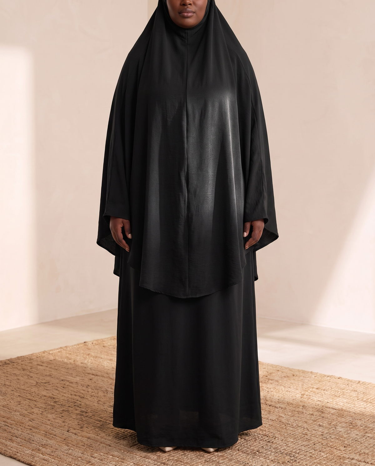 Long Khimar and Skirt Prayer Set – Black, on model
