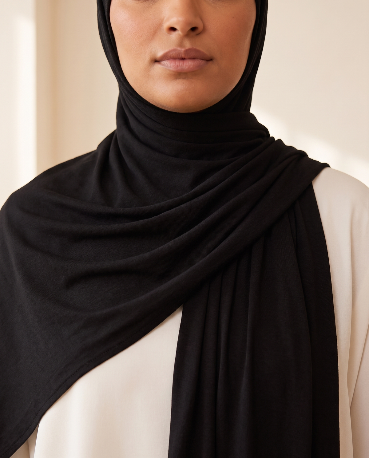Long Jersey Hijab Wrap – Black, on model