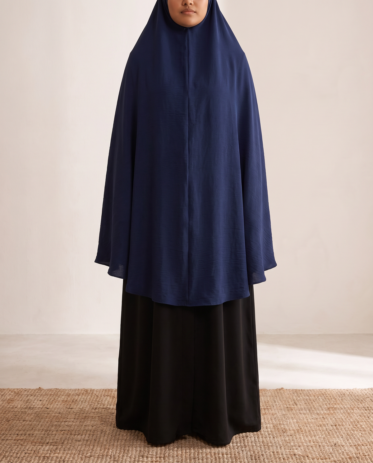 Long Khimar Overhead Prayer Scarf – Navy, on model