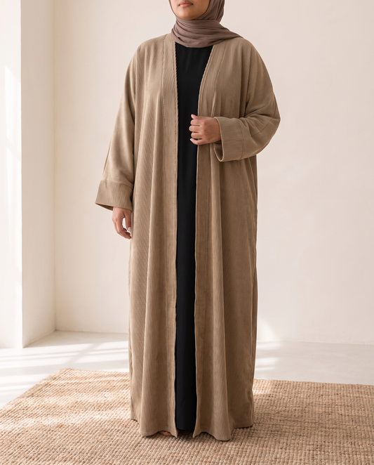 Loose-Fit Open Abaya in Soft Neutrals – Khaki, on model