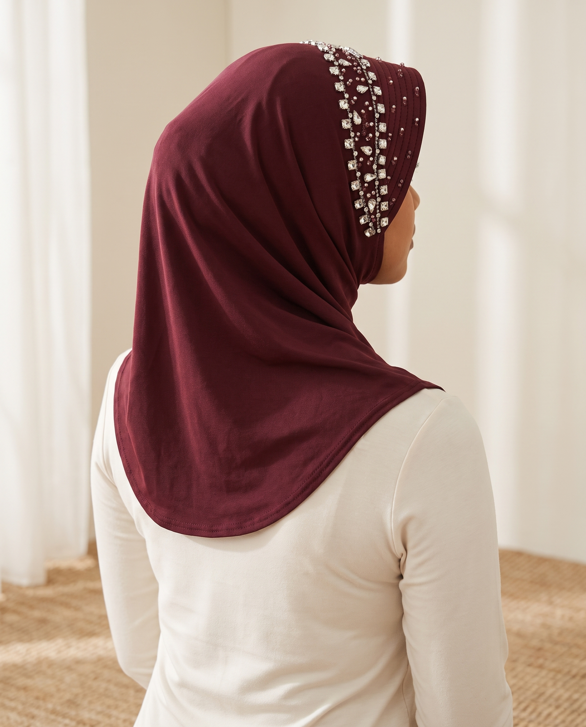 Maram Crystal Hat-Style Instant Hijab – Burgundy, on model