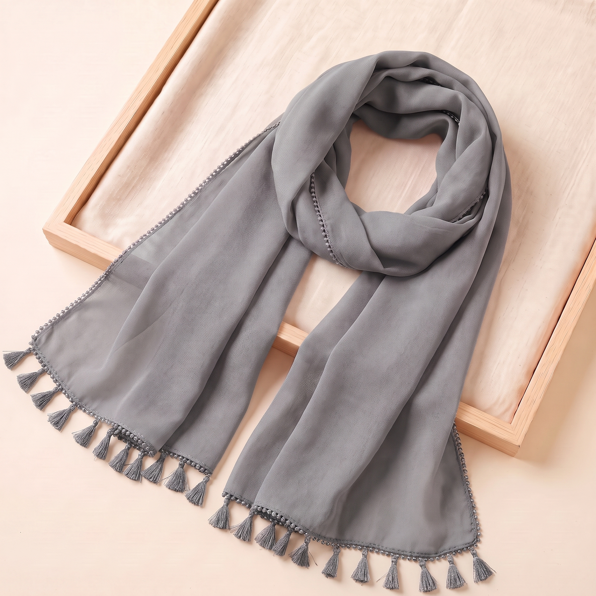 Leen Tasseled Chiffon Hijab – Grey