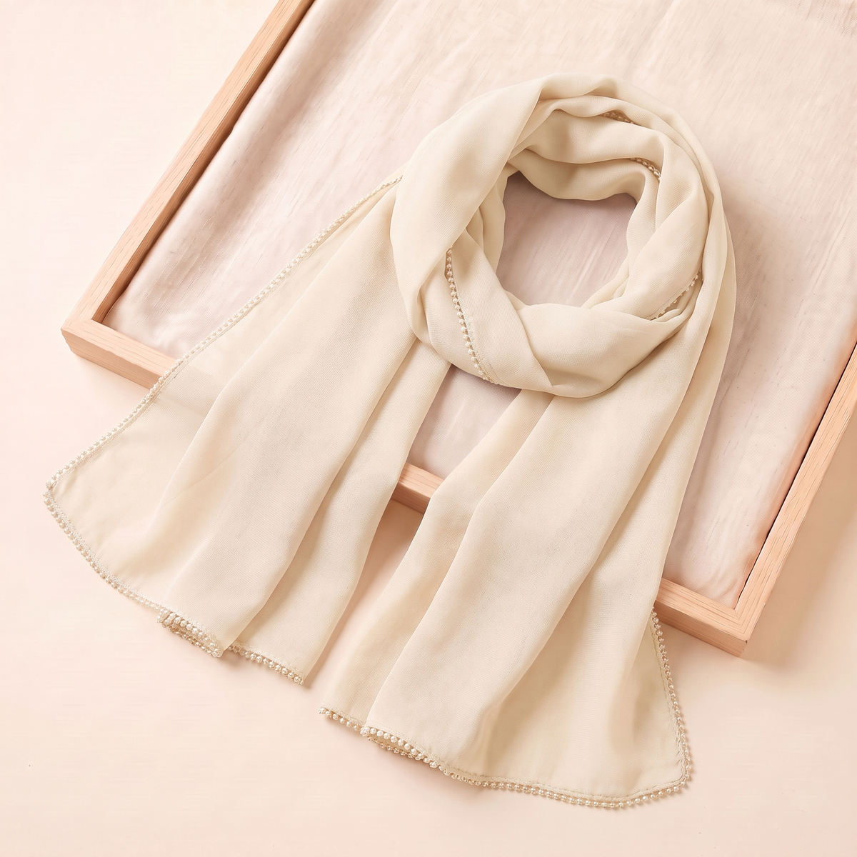 Leen Tasseled Chiffon Hijab – Cream
