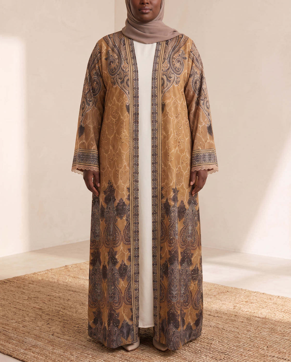 Melis Printed Open Abaya with Lace Trim – Coffee, on model