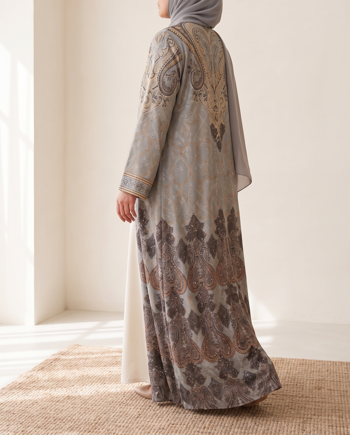 Melis Printed Open Abaya with Lace Trim – Grey, back view