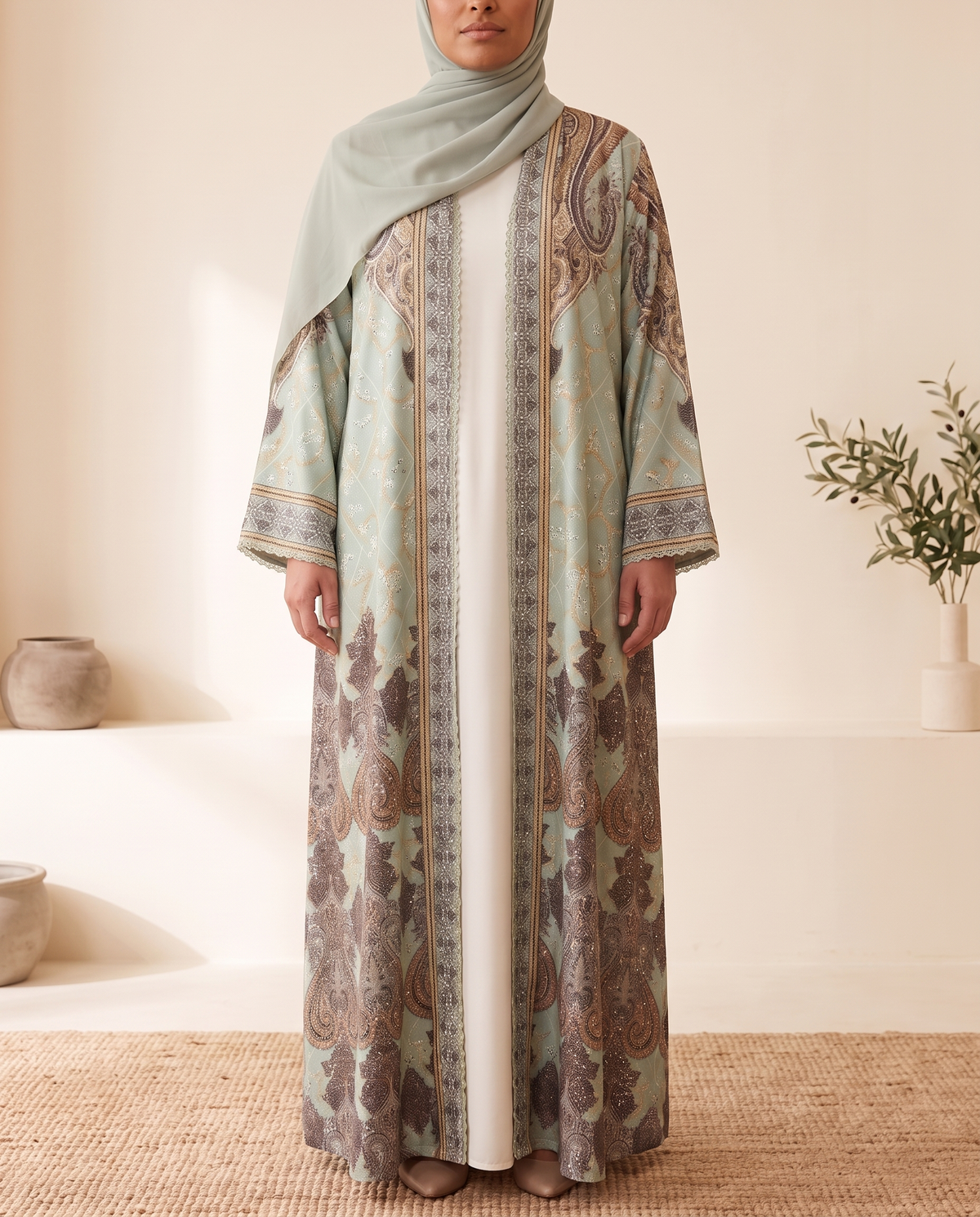 Melis Printed Open Abaya with Lace Trim – Sage, on model