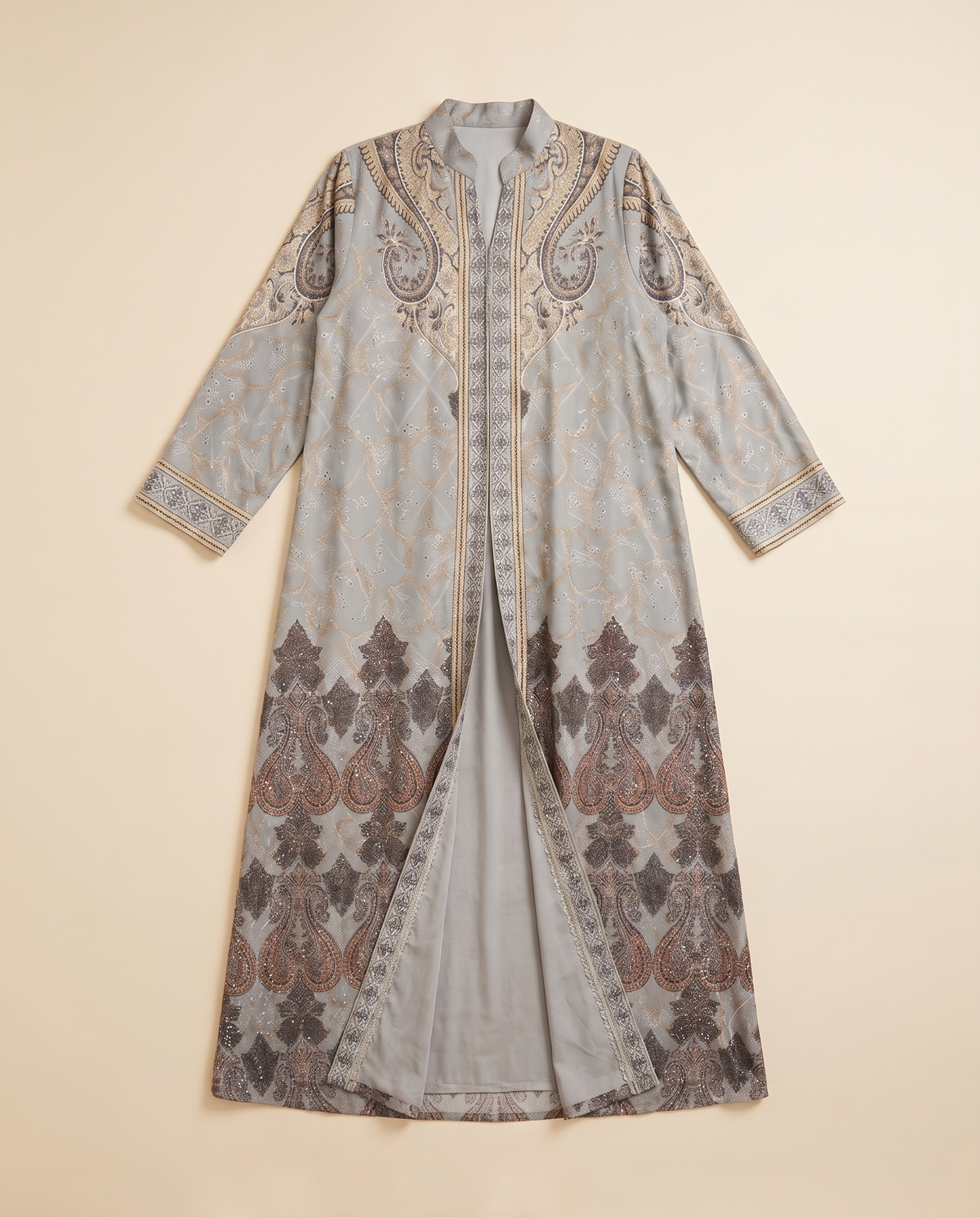 Melis Printed Open Abaya with Lace Trim – Grey