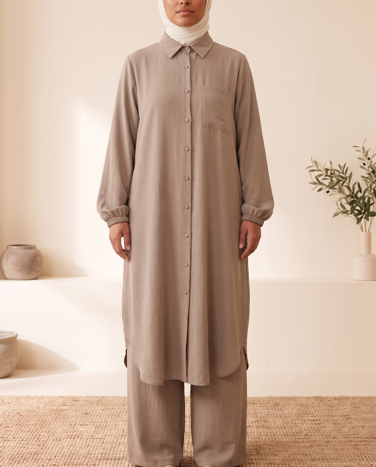 Modest Shirt and Trouser Two-Piece Set – Khaki, on model
