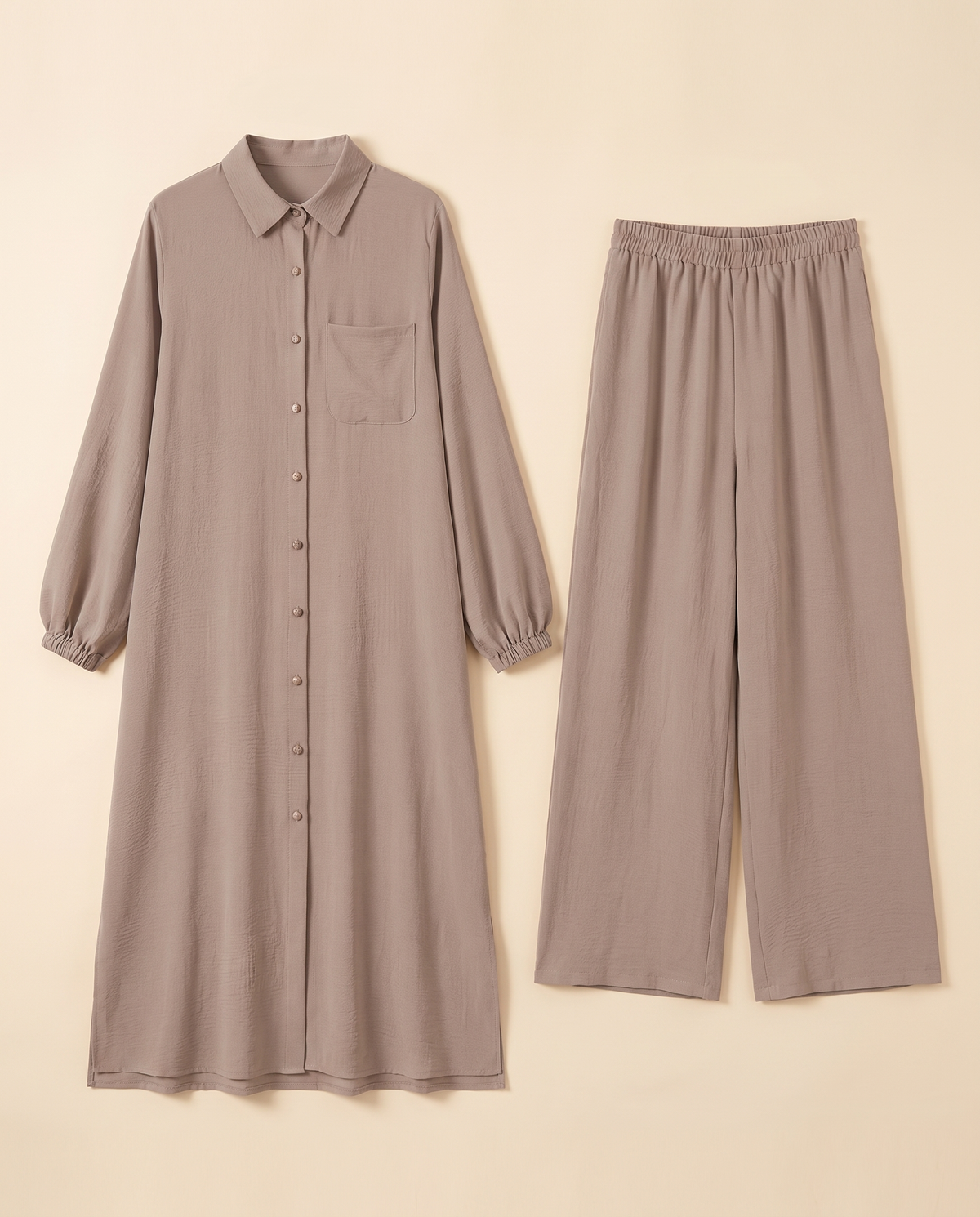 Modest Shirt and Trouser Two-Piece Set – Khaki