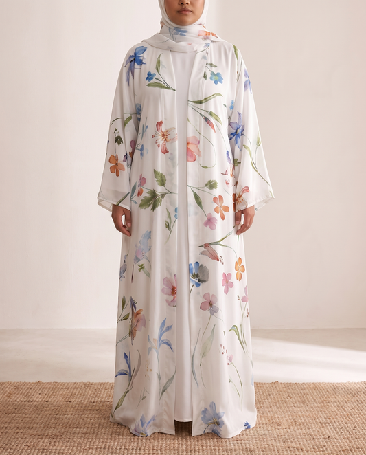 Mona Embroidered Festive Abaya – White, on model