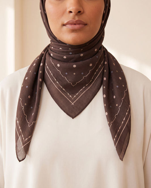 Nada Printed Square Hijab – Cocoa Dot, on model