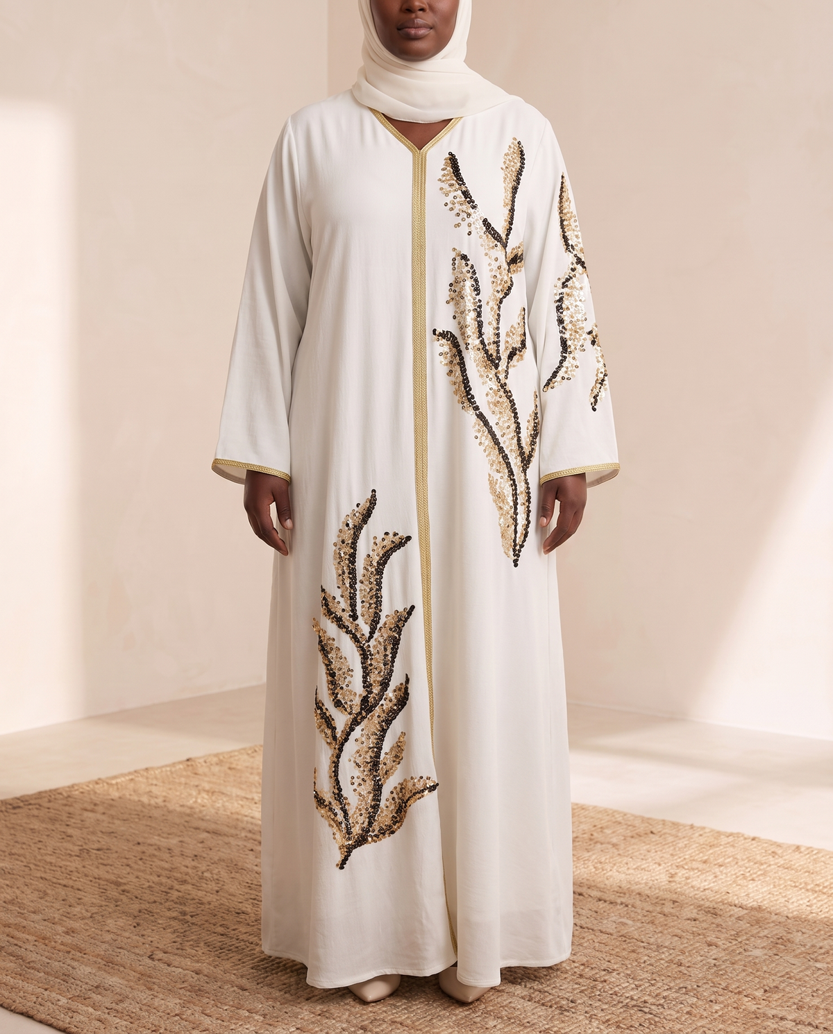 Nadia Sequin Floral Kaftan Abaya – White, on model