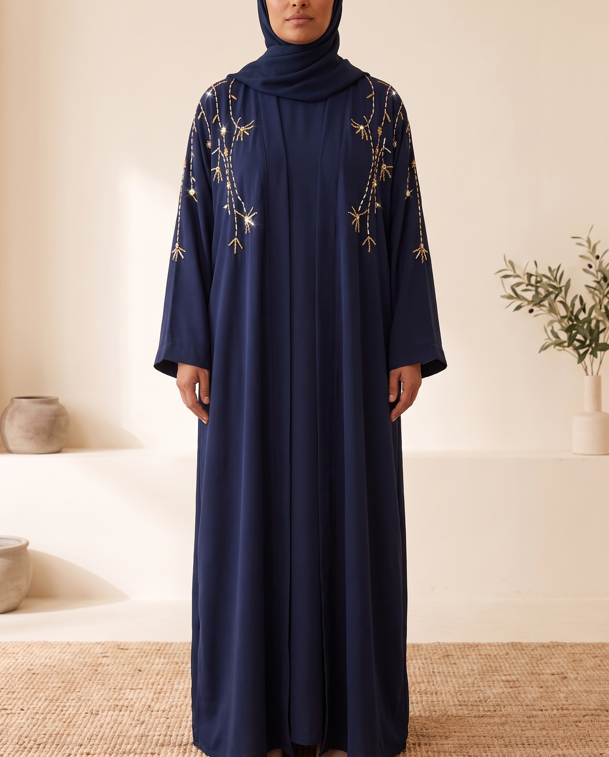 Nasrin Embroidered Evening Kaftan – Navy, on model