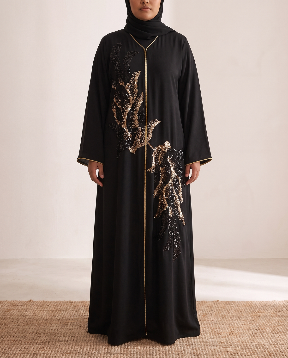 Nadia Sequin Floral Kaftan Abaya – Black, on model